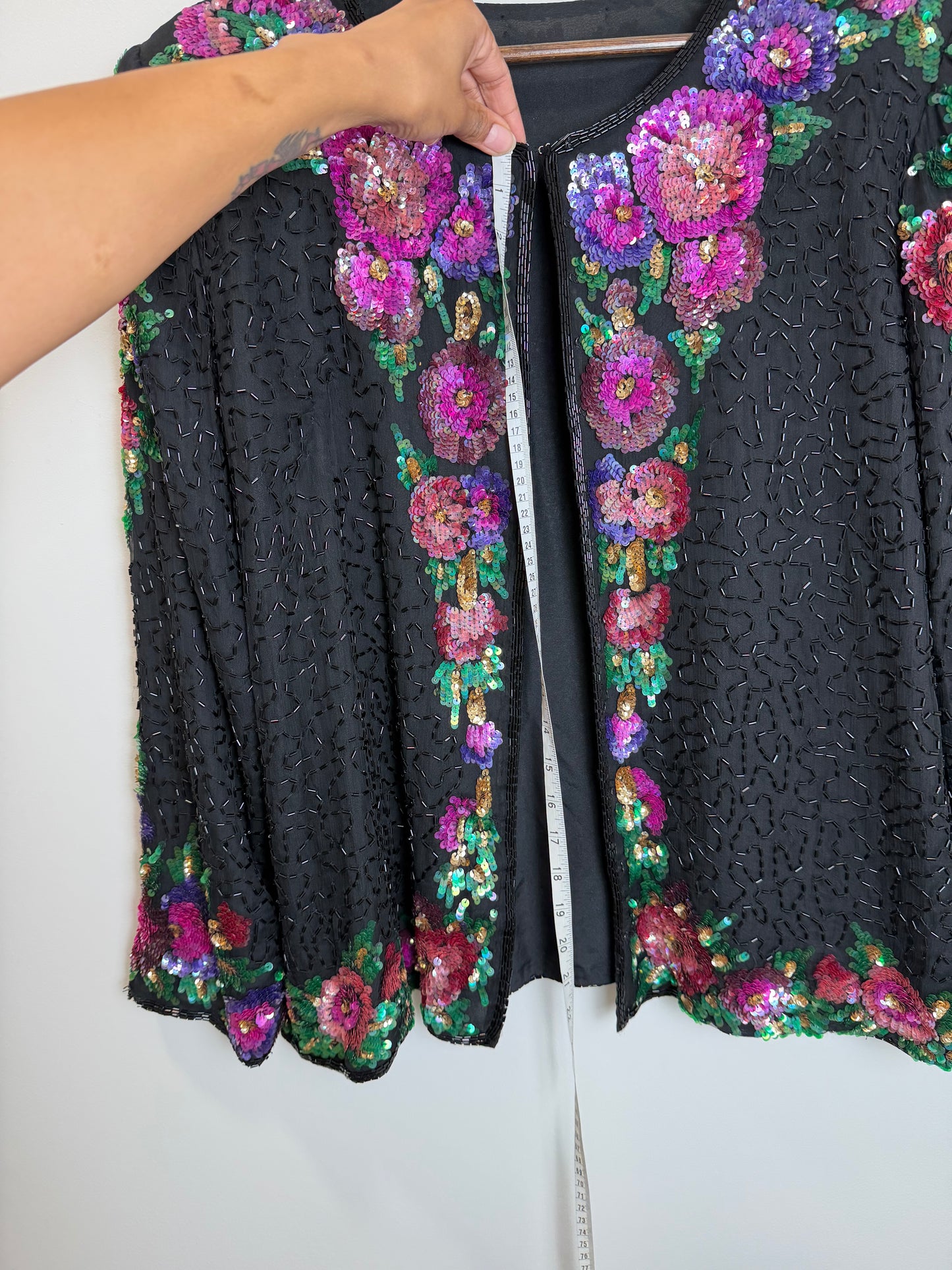 Vintage Floral Sequin Beaded Hook & Eye Jacket Black Evening Party 3X
