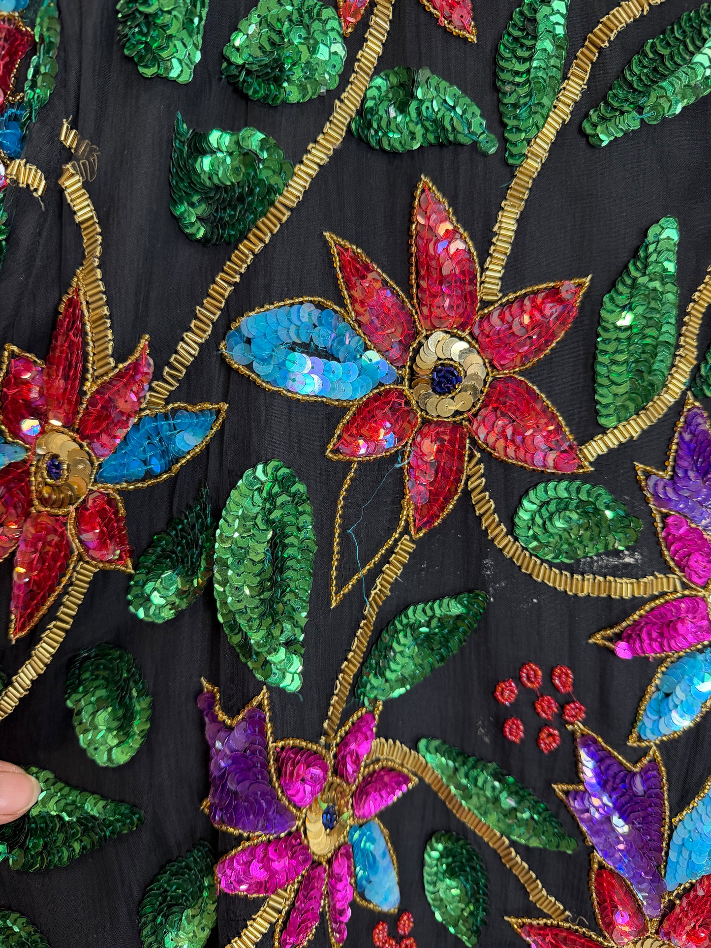 Vintage India Silk Sequin Beaded Floral Jacket Top Black 3X Boho Art Wear