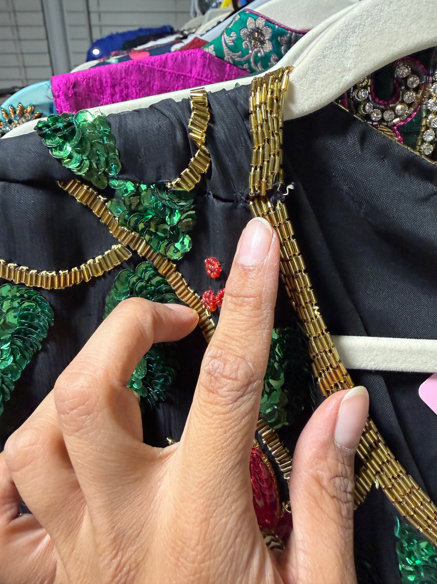 Vintage India Silk Sequin Beaded Floral Jacket Top Black 3X Boho Art Wear
