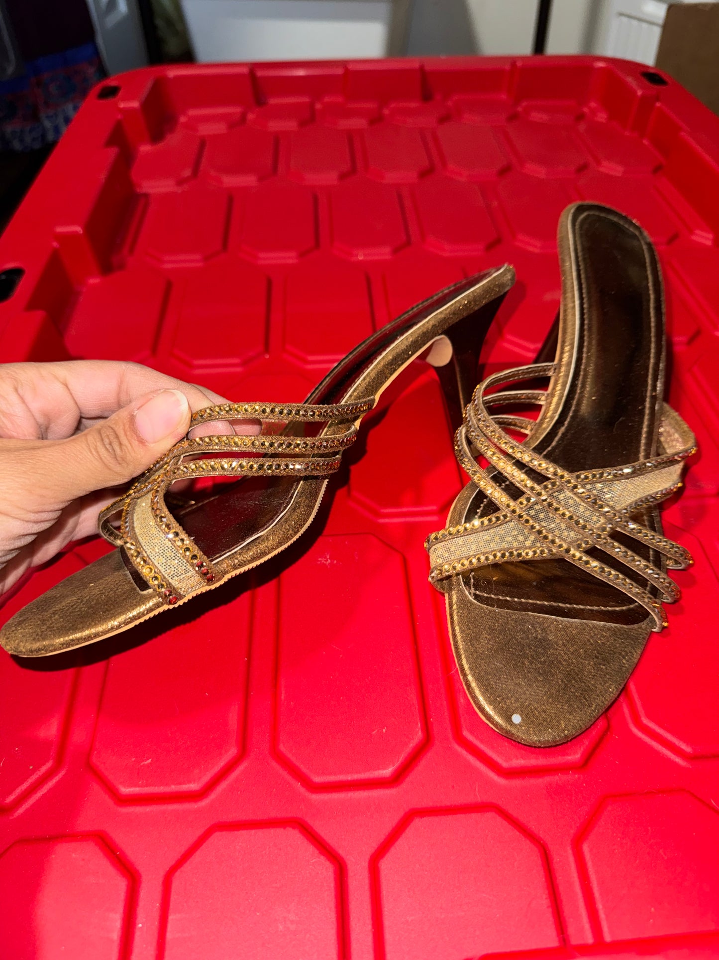 Bronze Strappy Mule Heels - 8