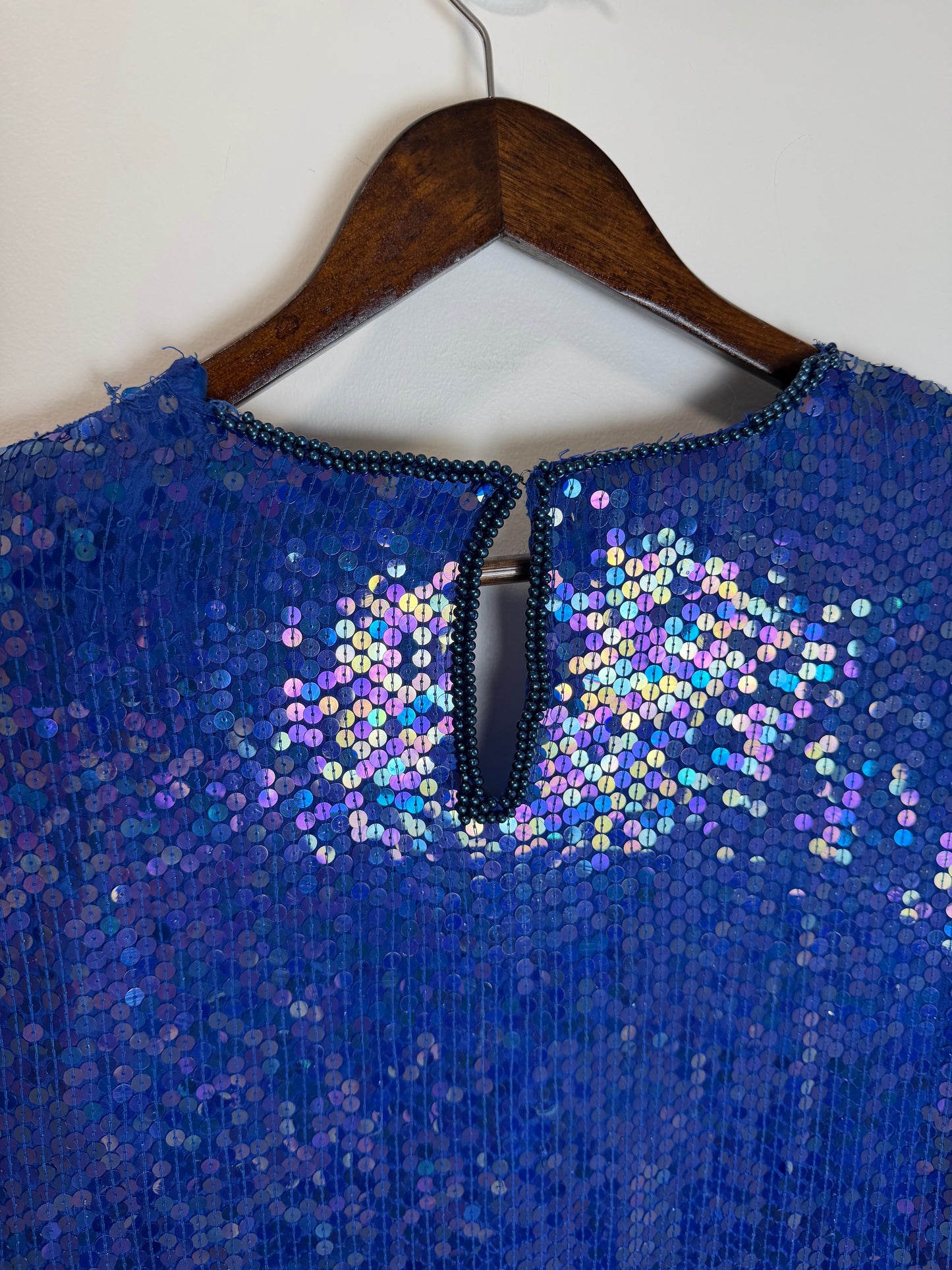 Vintage Stenay Silk Blue Sequin Beaded Floral Evening Top Blouse 2X