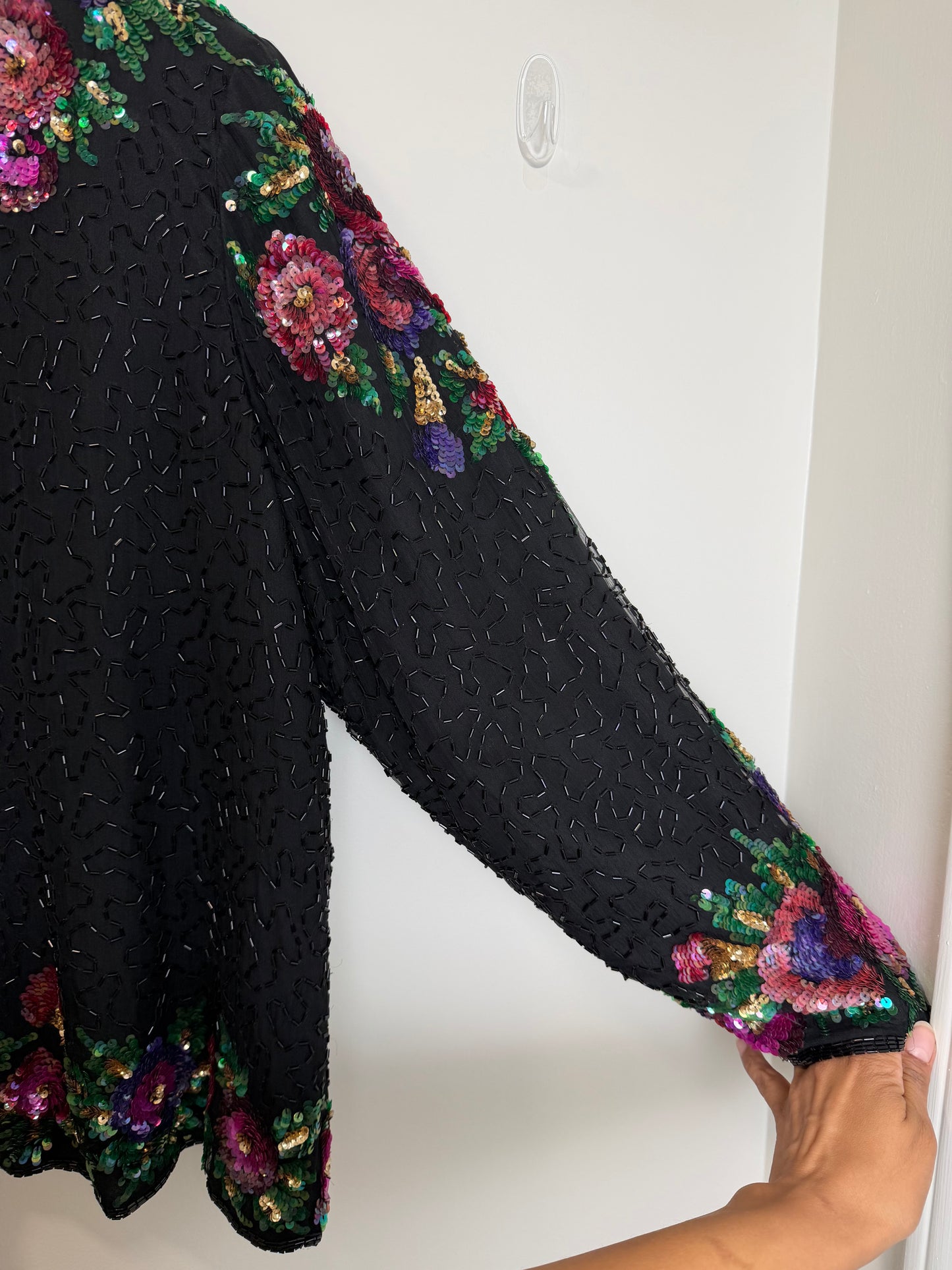Vintage Floral Sequin Beaded Hook & Eye Jacket Black Evening Party 3X