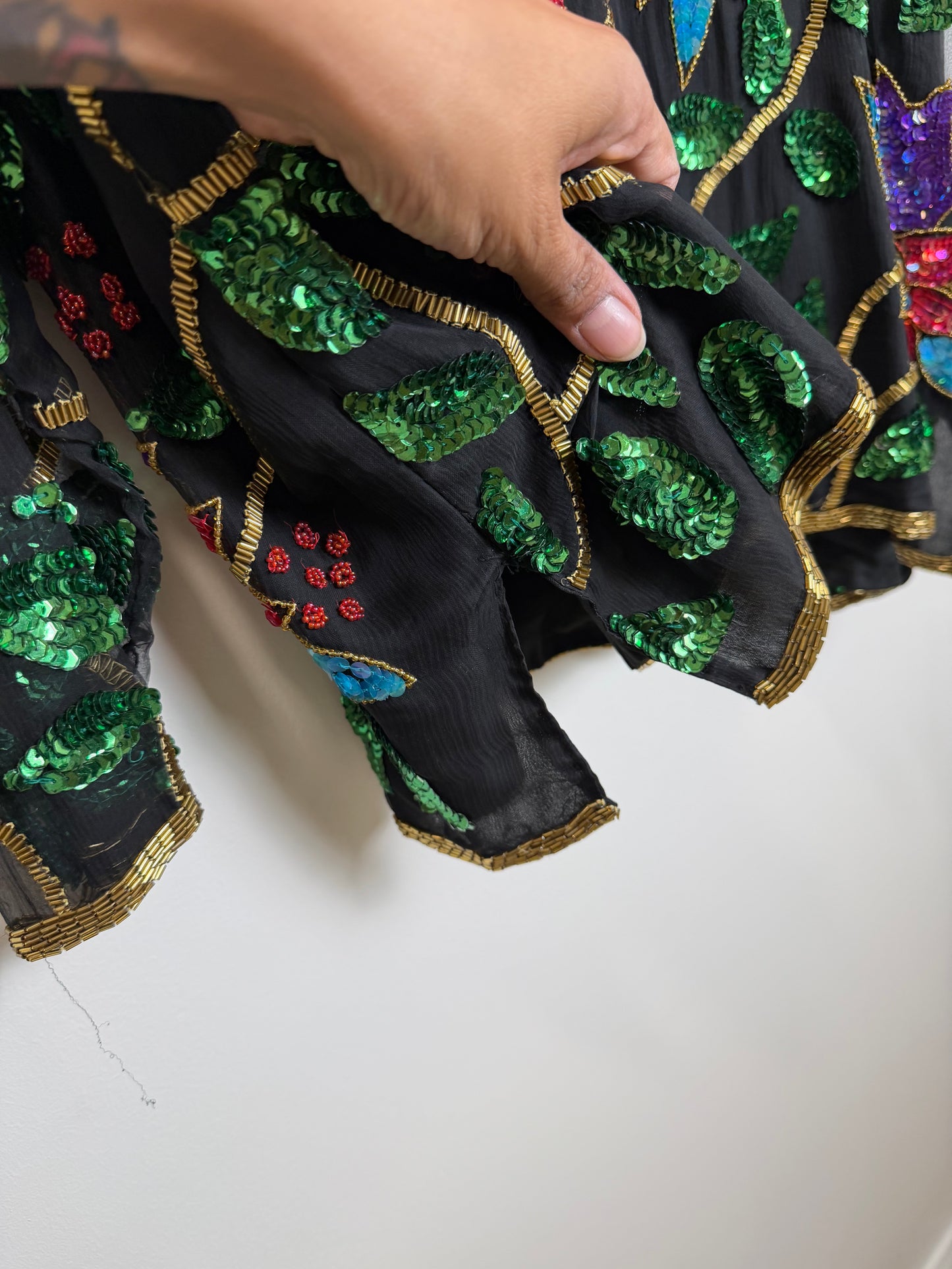 Vintage India Silk Sequin Beaded Floral Jacket Top Black 3X Boho Art Wear